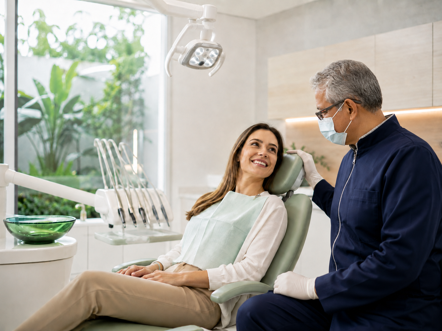 Dentista conversando com paciente em consultório odontológico claro e acolhedor